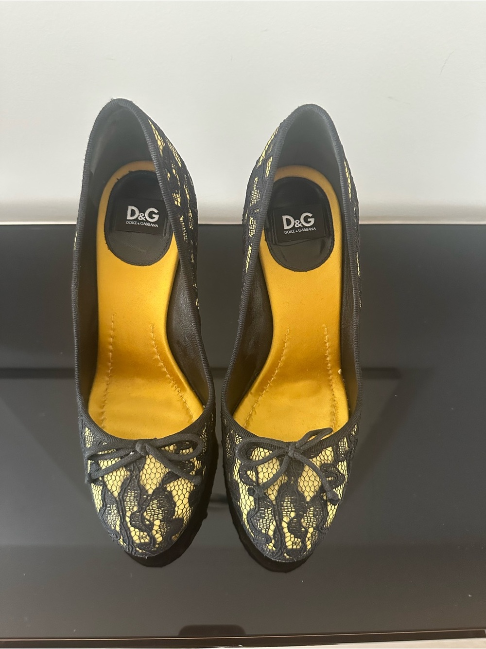 D&G Black Lace Ballet Flats with Yellow Insole and Bow